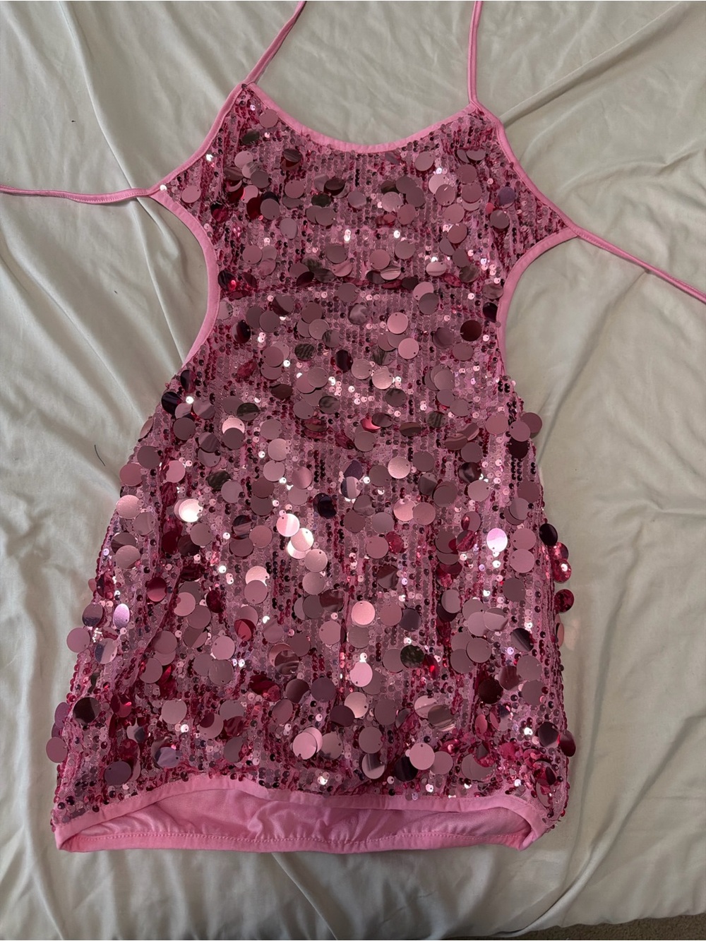 SHEIN Pink Sequin Backless Halter Dress